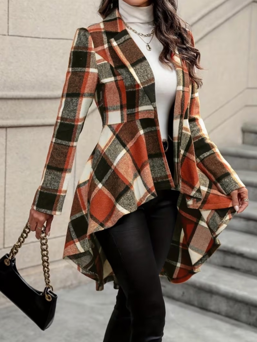 Plaid Waterfall Jacket Women’s SM | Rust Orange Brown Open Front Coat Cardigan